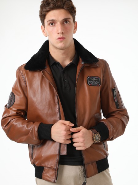 Genuine Leather Faux Fur Collar Pilot Coat