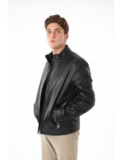 Genuine Leather Judge Collar Shoulder Zippered Leather Coat