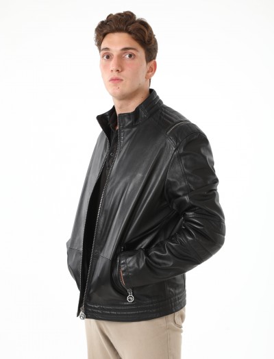 Genuine Leather Judge Collar Shoulder Zippered Leather Coat