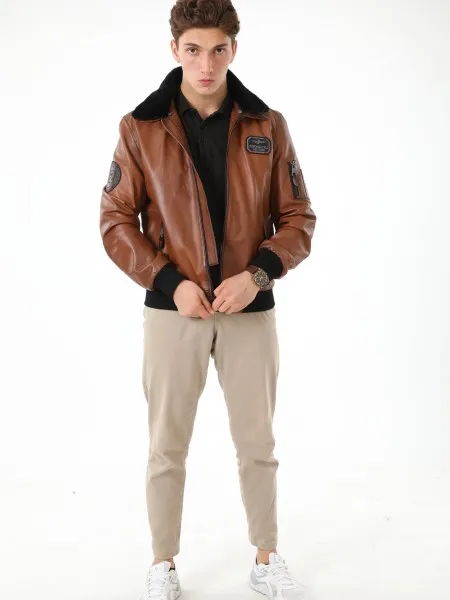 Genuine Leather Faux Fur Collar Pilot Coat